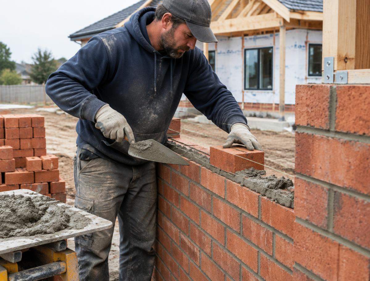 Bricklayer laying a red brick wall on a residential site