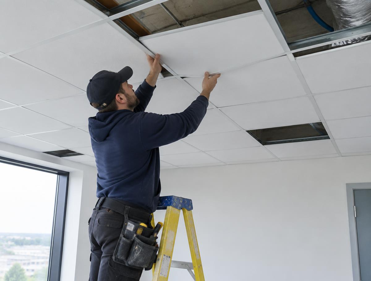 Installer fitting suspended ceiling tiles from a ladder