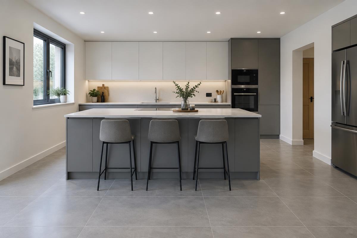 Renovated kitchen with grey tiles and island