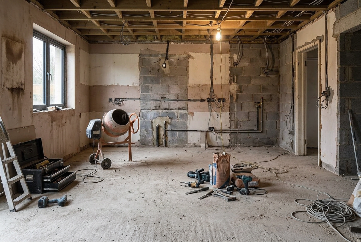 Before: stripped room with bare block walls, exposed wiring and a concrete floor