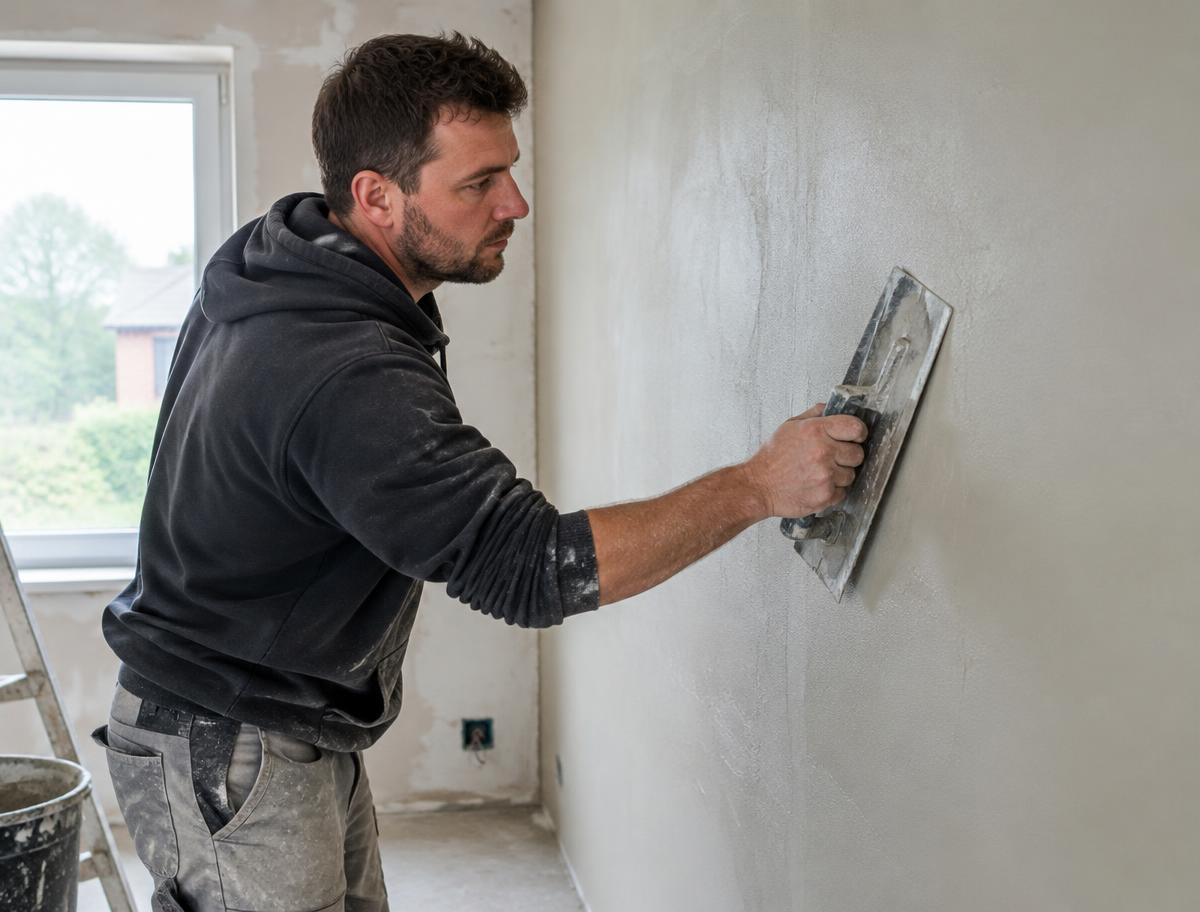 Plasterer smoothing an interior wall with a trowel