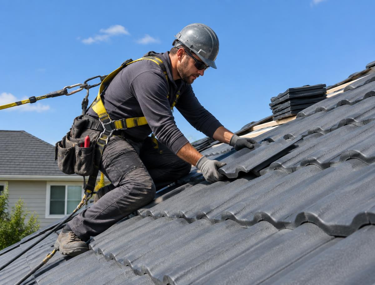 Roofer in a safety harness fitting dark roof tiles