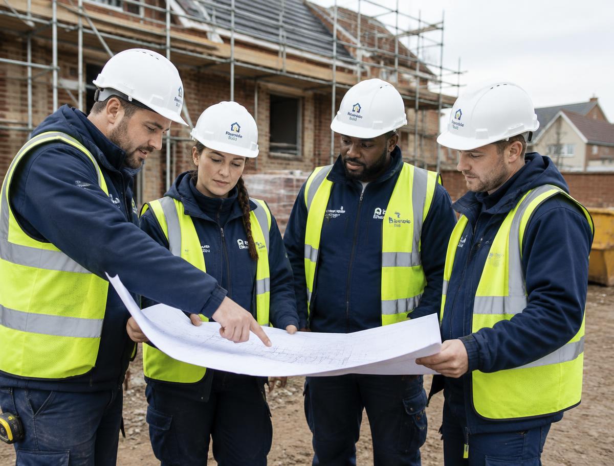 Construction team in hard hats and hi-vis vests reviewing building plans on site