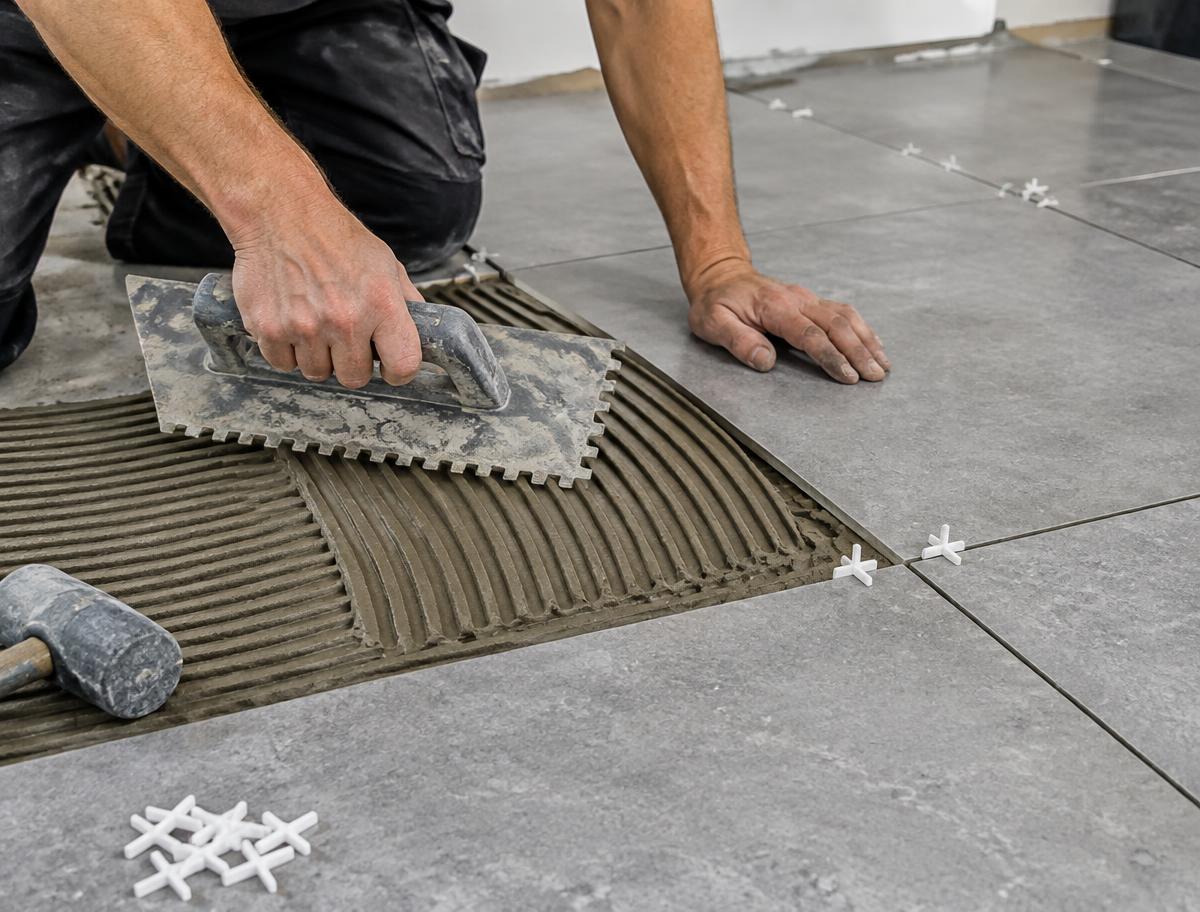 Large grey floor tiles being laid with a notched trowel